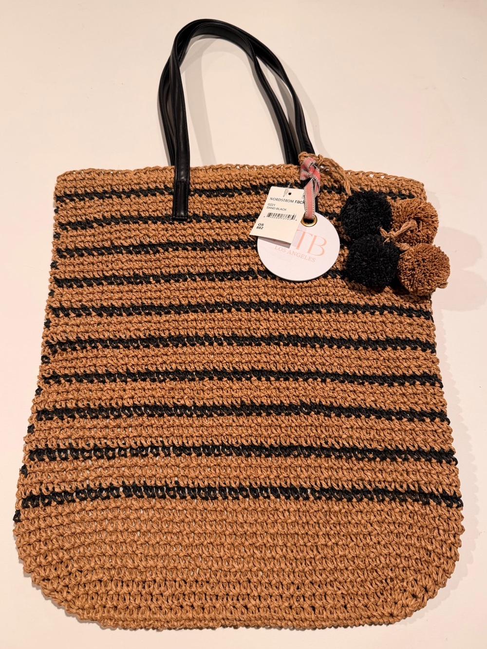 NWT BTB Los Angeles Striped Woven Straw Hobo Tote Bag Beach Resort Pompom